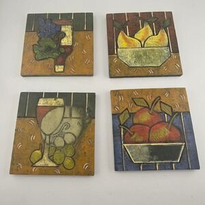 Set of 4 hand Painted Tile Coasters Kitchen Decor Wine Grapes‎ Pears Apples